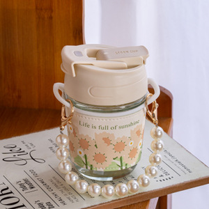 Pulsera de perlas moderna, taza de cristal, 350ml, diseño de pajita doble para beber, bonito regalo de negocios para niñas, botella de agua de café, vidrio - Product Image 2