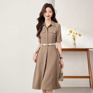 Women's Professional Suit Dress Mid Length A-Line With Belt Turn Down Collar Solid Color Career Dress - Product Image 2