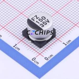 ตัวเก็บประจุแบบอิเล็กโทรไลต์อะลูมิเนียมชนิด SMD รุ่น FZ1V151M1007, ขนาด D10xL7.7 มม. 150uF 20% 35V 10 มม. - Product Image 1