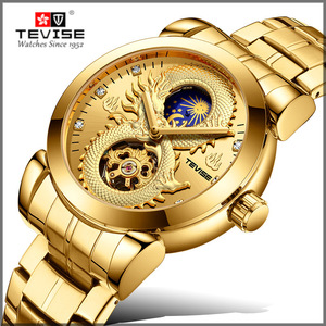Montres-bracelets pour hommes de luxe, étanches, en acier inoxydable, à quartz, avec phases lunaires, dorées, avec dragon 3D - Product Image 5