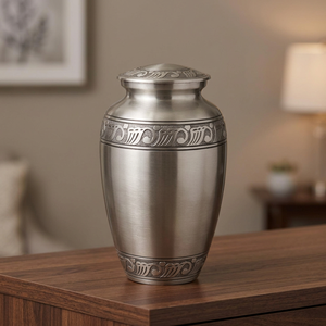 Urne funéraire en métal argenté, artisanale, pour cendres humaines, souvenir commémoratif, couvercle à motifs, artisanat indien, 200 pouces cubes - Product Image 1