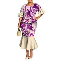 Setelan Dua Potong Wanita Motif Bunga Tropis Hawaii Buatan Khusus Atasan Lengan Ruffle Rok Duyung Puletasi Ukuran Besar