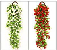 Vente en gros d'usine de fleurs artificielles en soie Panier mural décoratif suspendu Fleurs de glycine Marguerites violettes Roses Fleurs suspendues