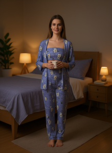 Pigiama da donna SY299R in pile a 3 pezzi, a maniche lunghe, con stampa floreale, morbido e casual, lunghezza intera, vita media con elastico - Product Image 2