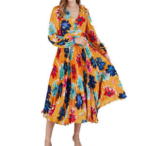 เดรสพลีทคลุมเข่าพิมพ์ลายเอววินเทจสำหรับผู้หญิงเดรสพลีทผ้าชีฟองคอวีทรงมนสำหรับงานปาร์ตี้ท่านผู้หญิง - Product Image 3