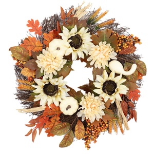 Guirnaldas Decorativas para el Festival de la Cosecha de Acción de Gracias con Calabazas Blancas, Girasoles y Hojas de Arce para Colgar en la Puerta - Product Image 1