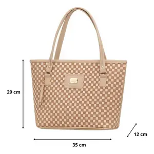 Bolso Tote para Mujer Fana Abisai M3786 Beige a Cuadros de Microfibra y Cuero Sintético para Uso Diario - Product Image 4
