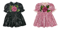 Vêtements pour enfants Robe de fête à paillettes avec fleurs roses et manches bouffantes pour enfants