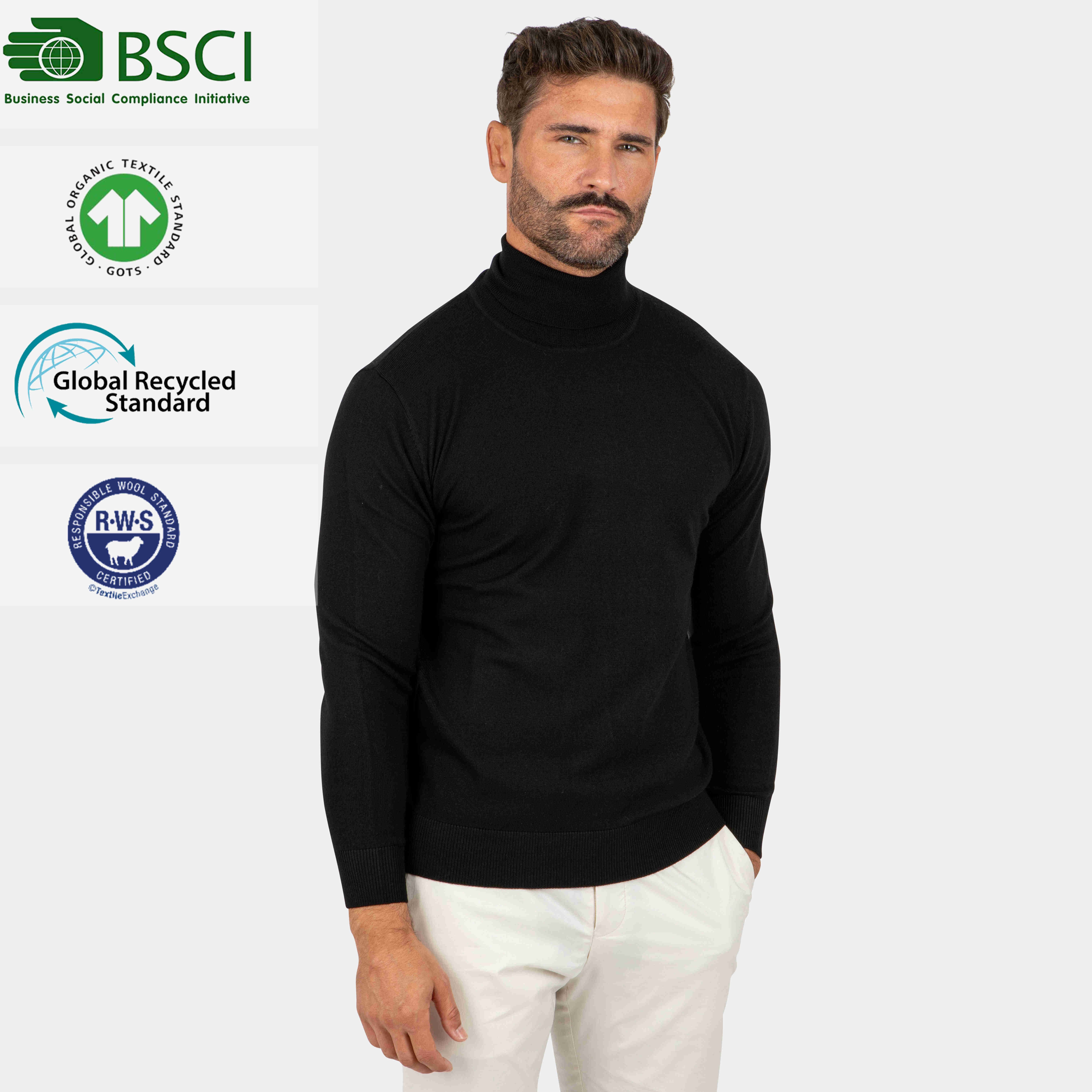 AW New Black Knitted 100%Merino Wool High Neck Pullover Men's Knitwear Sweaters