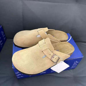 Nouvelles sandales mules plates d'extérieur tendance en cuir véritable et daim pour femme, style Birkenstock, avec semelle en liège Hana, sabots vintage solides - Product Image 3