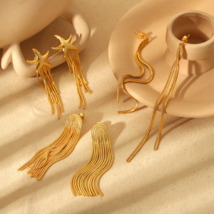 Pendientes de borla larga estilo europeo americano, color dorado, joyería de moda para fiesta, diseño geométrico, acero inoxidable. - Product Image 2