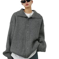 Kardigan Rajut Wanita Warna Abu-abu Kancing Depan Kerah Berdiri Model Longgar Atasan Sweater Kasual Streetwear untuk Musim Gugur Musim Dingin Kantor Liburan