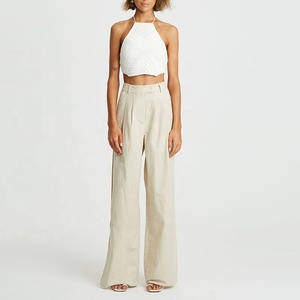 <span class=keywords><strong>Pantaloni</strong></span> donna vita alta rilassato FIT passanti cintura <span class=keywords><strong>spacchi</strong></span> <span class=keywords><strong>laterali</strong></span> funzionali tasche <span class=keywords><strong>laterali</strong></span> anteriori 55% lino 45% cotone <span class=keywords><strong>pantaloni</strong></span> svasati - Product Image 2