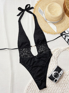 Custom Brand New Arrival Lady's 1-Piece Black Lace Swimwear Set <b>High</b> <b>Waist</b> Seamless Bikini Top & <b>Thongs</b> Bottoms - Product Image 2