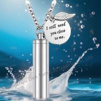 Collier commémoratif luxueux et moderne en acier inoxydable pour animaux de compagnie, pendentif urne cylindrique ailes d'ange argentées, résistant à l'eau, réutilisable