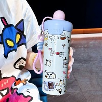 Mugs à café portables 20oz 600ml en acier inoxydable à double paroi, isolés sous vide, pour boissons chaudes et froides, avec paille et couvercle anti-poussière, motif dessin animé mignon