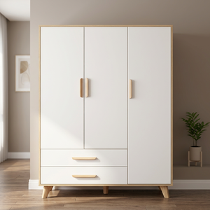 Modern Three-Door <b>Wardrobe</b> With Wooden Frame And Handles Freestanding Bedroom Storage Cabinet Scandinavian Design - Product Image 2