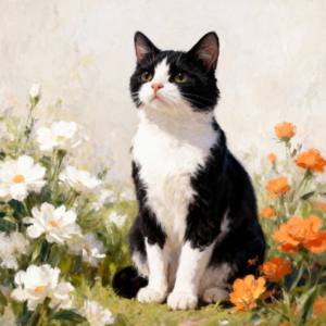 Tableau mural moderne sur toile avec chat - Impression style peinture à l'huile de chaton floral mignon, <span class=keywords><strong>portrait</strong></span> d'animal imprimé numériquement pour la décoration du salon - Product Image 1
