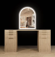 Poste de barbier en bois double face Miroir ovale à led avec rangement Salon de barbier moderne Mobilier de salon de coiffure Design de salon de barbier de luxe