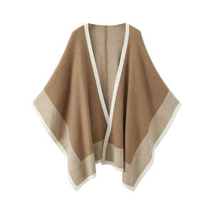 Châle tricoté style français à blocs de couleur pour femme, grande taille, cape kaki, gris, noir, en fibre acrylique, cardigan d'épaisseur moyenne - Product Image 1