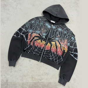 OEM Custom Pattern Print Black Spider Digital Printing Vintage Distressed Boxy 400 GSM Heavyweight Streetwear Men's Hoodie