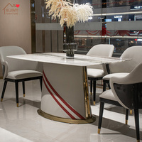 Ensemble de table à manger moderne italienne stable pour 6 personnes, avec plateau en marbre miroir, structure en bois massif, base recouverte de cuir blanc, salle à manger de luxe