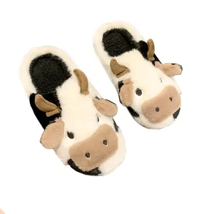 Customize Indoor Cow Animal Plush Slippers Wholesale Fluffy Plushie Cow Animal Slippers Custom Warm Cow Animal Plush Slippers