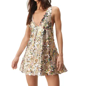Kadınlar 2024 popüler tasarım zarif Petite V boyun dalma pullu Mini elbise