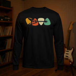 T-shirt a maniche lunghe per chitarristi e musicisti con plettri per chitarra elettrica retrò - Product Image 3