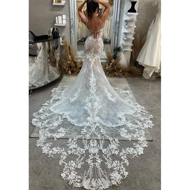 Impressionante laço Sereia casamento vestido de noiva com cintilantes frisado alças ilusão espartilho volta