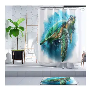 Sea Turtle Shower Curtain Set with Non-Slip Bath Mat Nautical Ocean Shower Curtains with Hooks Durable Waterproof Bath Curtain