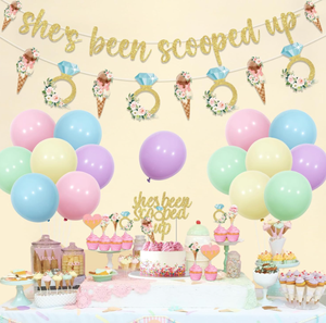 Décorations pour fête de mariage sur le thème de la crème glacée : bannières, guirlande florale, décorations pour cupcakes, décorations pour gâteaux, ballons en macaron à l'hélium - Product Image 3