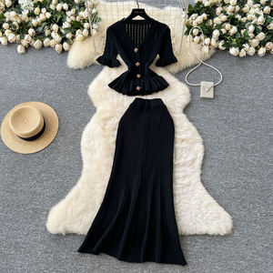 <strong>Ladies</strong> Dress Women'S V-Neck Waist-Tie Knit Top With Pencil Skirt Set - Stretchy Fitted Two-Piece <strong>Outfit</strong> - Product Image 3