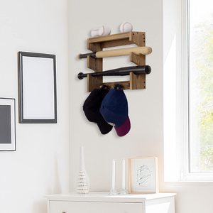 Rustik yanmış ahşap duvara monte beyzbol şapkası yarasa raf ve topu tutucu ile sergileme rafı ve ceket kancaları - Product Image 5