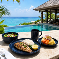 Service de table en grès de style nordique, en porcelaine premium avec glaçure réactive bleue, compatible lave-vaisselle, comprenant assiettes, bols, tasses et plat de service