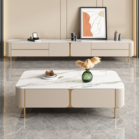 Ensemble complet de meubles de salon : Table basse et meuble TV modernes, simples et peints, en panneaux de bois, style luxe léger
