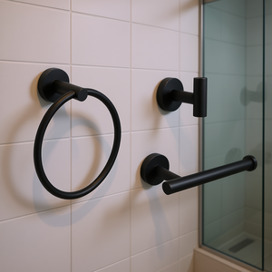 Ensemble d'accessoires de salle de bain noir mat, design minimaliste en alliage de zinc, à fixation murale, pour l'organisation de la salle de bain - Product Image 2