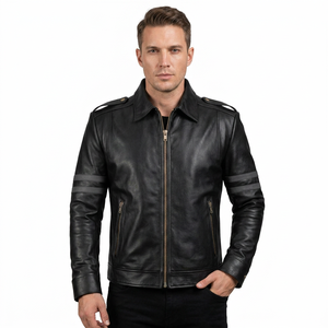 Mens Black Genuine Leather Coated Winter Streetwear <b>Biker</b> <b>Jacket</b> Classic Motorcycle Style Slim Fit Front Waterproof Windproof - Product Image 1