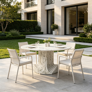<strong>White</strong> Marble Round <strong>Dining</strong> <strong>Table</strong> Fluted Ribbed Pedestal Stone <strong>Table</strong> Aussie Coastal Luxury Heavy Duty Anti Stain Australia - Product Image 3