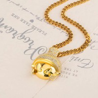 Collier pendentif casque de football en cuivre plaqué or 18 carats avec zircon rond, bijou hip-hop pour cadeau de fête