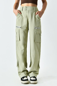Pantalon cargo rétro d'été pour <span class=keywords><strong>femme</strong></span>, <span class=keywords><strong>coupe</strong></span> droite ample avec taille élastique, devant plat et fermeture éclair, <span class=keywords><strong>style</strong></span> décontracté - Product Image 3