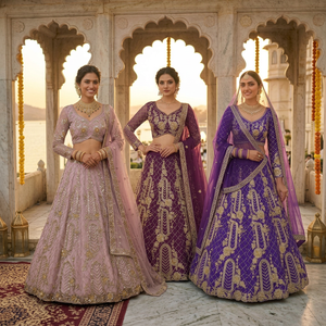 Ensemble Lahenga Choli Dupatta semi-couture en tulle doux pour femmes, toutes saisons, pour occasions formelles, mariages, fêtes, Diwali, motif floral - Product Image 1