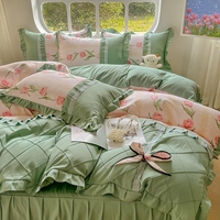 Ensemble de draps de lit de luxe à volants avec jolis rubans tricotés de tulipes vertes de style français