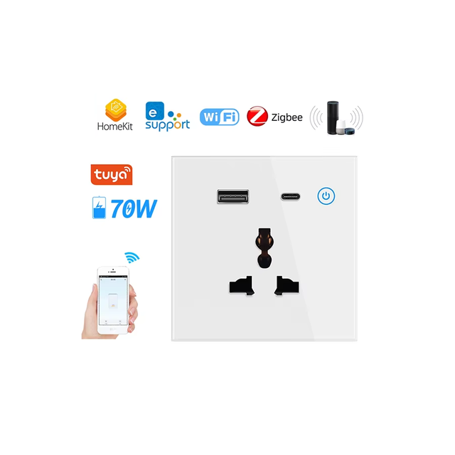 DUOMEI Tuya Smart Wi-Fi/Zigbee Universal Socket with USB Type-C IP54 EU/US/UK Standard Smart Wall Socket 86x86mm