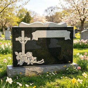 Stèle funéraire en granit noir à ailes ouvertes avec statue d'ange blanche, motif floral et colombe gravé, marqueur commémoratif de cimetière - Product Image 4