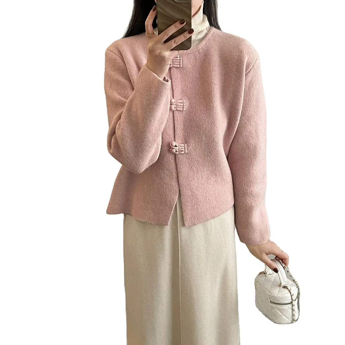 Women's Casual O Neck Cardigan Soft Waxy Knitted Solid Pattern Plate Buckle Decoration Single Breasted Button Chinese Spring