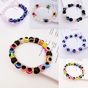 Bracelet élastique en pierre volcanique œil turc bleu, imitation perle sertie, bijou unisexe, cadeau - Product Image 1