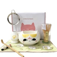 Ensemble de bols à matcha en céramique adorables avec oreilles de chat, couleur blanc cassé, cinq pièces, design oriental, avec outils pour le matcha