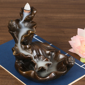 Brûleur d'encens à refoulement en laiton motif feuille de lotus, en cuivre, pour usage religieux, décoration intérieure, diffuseur d'aromathérapie - Product Image 1