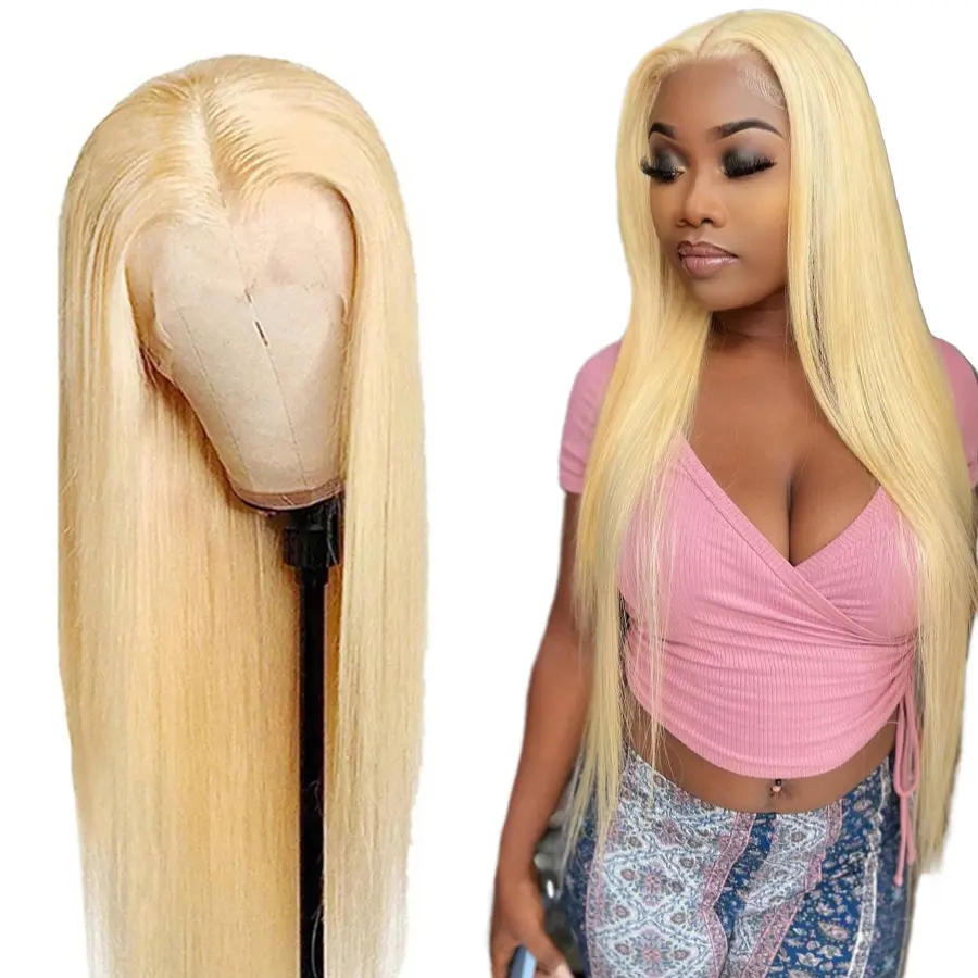 13x4 Honey blonde 613 russian brazilian pre plucked 30 inch human hair swiss transparent lace closure front frontal wig